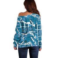Hawaii Japanese Culture Blue Off Shoulder Sweater Spring Cranes Aloha Pattern LT01 - Polynesian Pride