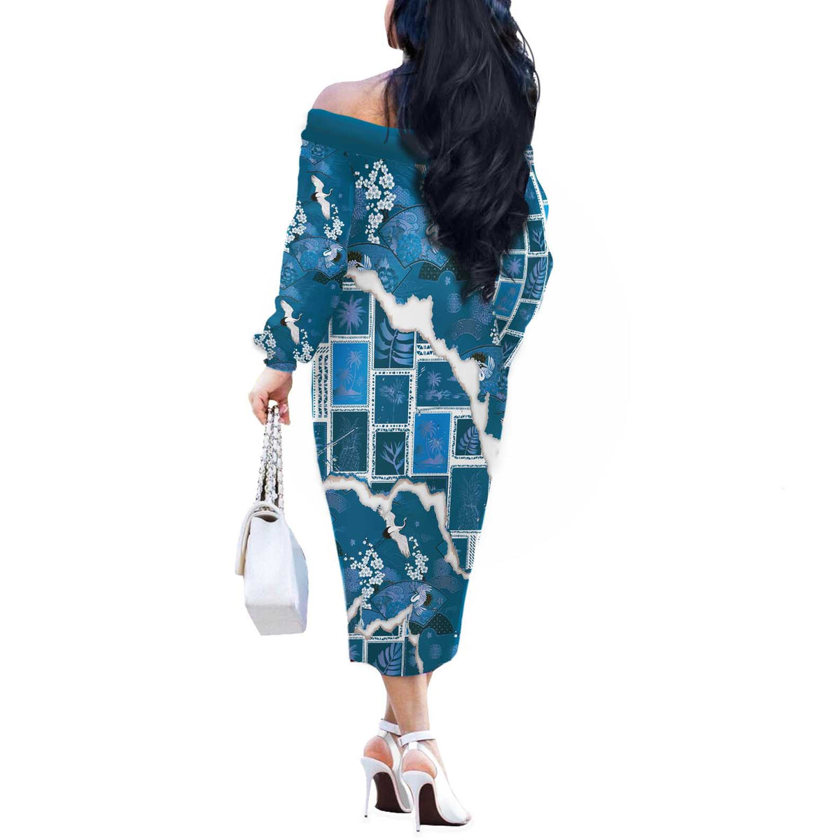 Hawaii Japanese Culture Blue Off The Shoulder Long Sleeve Dress Spring Cranes Aloha Pattern LT01 - Polynesian Pride