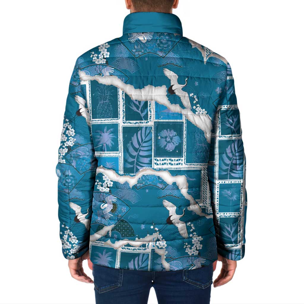 Hawaii Japanese Culture Blue Padded Jacket Spring Cranes Aloha Pattern LT01 - Polynesian Pride