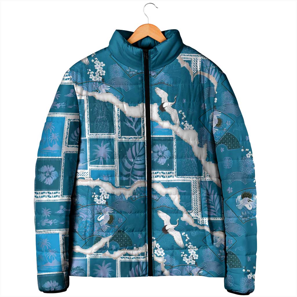 Hawaii Japanese Culture Blue Padded Jacket Spring Cranes Aloha Pattern LT01 - Polynesian Pride