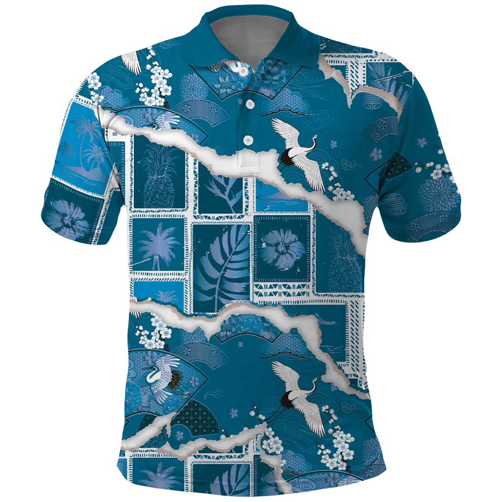 Hawaii Japanese Culture Blue Polo Shirt Spring Cranes Aloha Pattern