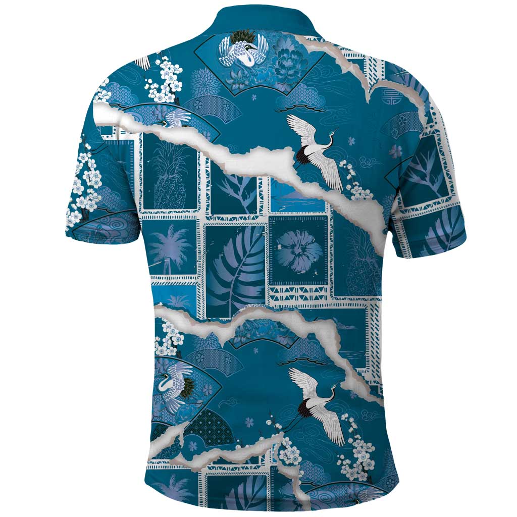Hawaii Japanese Culture Blue Polo Shirt Spring Cranes Aloha Pattern LT01 - Polynesian Pride