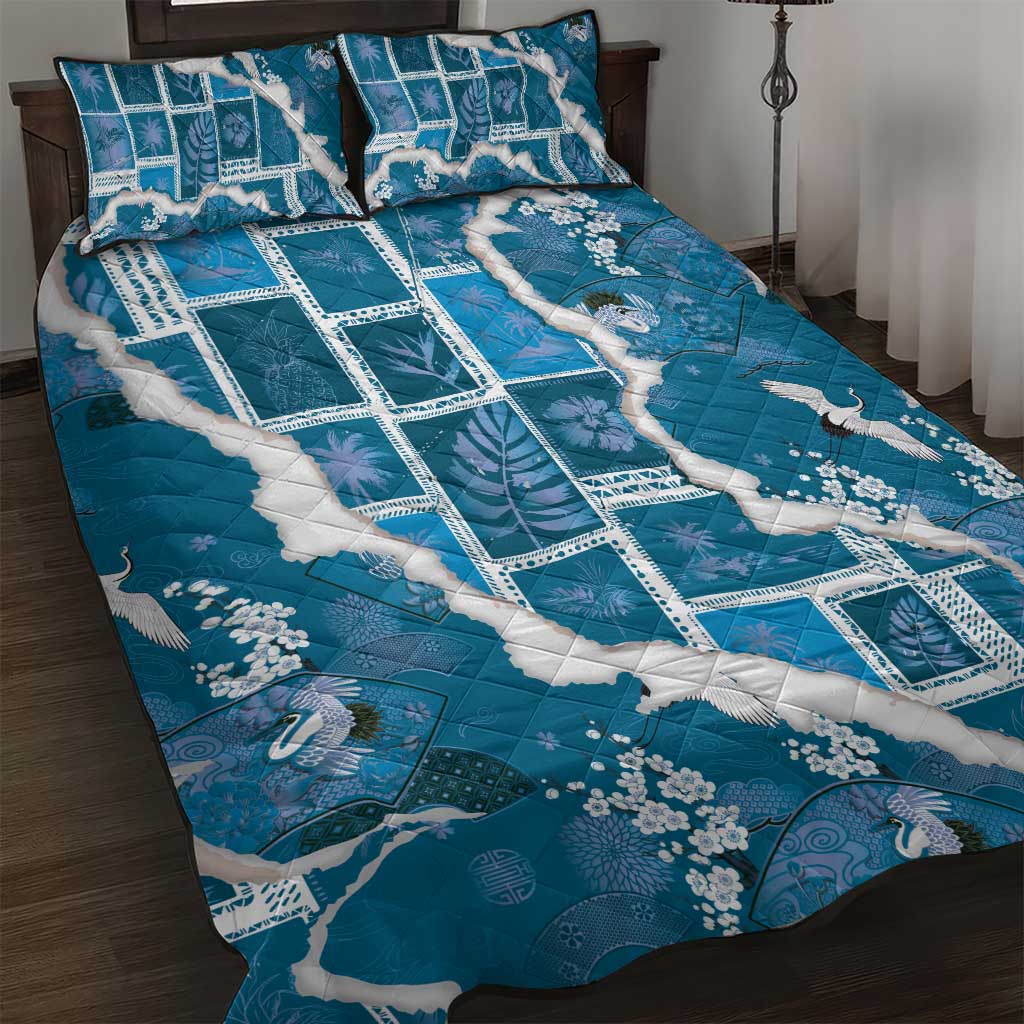 Hawaii Japanese Culture Blue Quilt Bed Set Spring Cranes Aloha Pattern LT01 Blue - Polynesian Pride