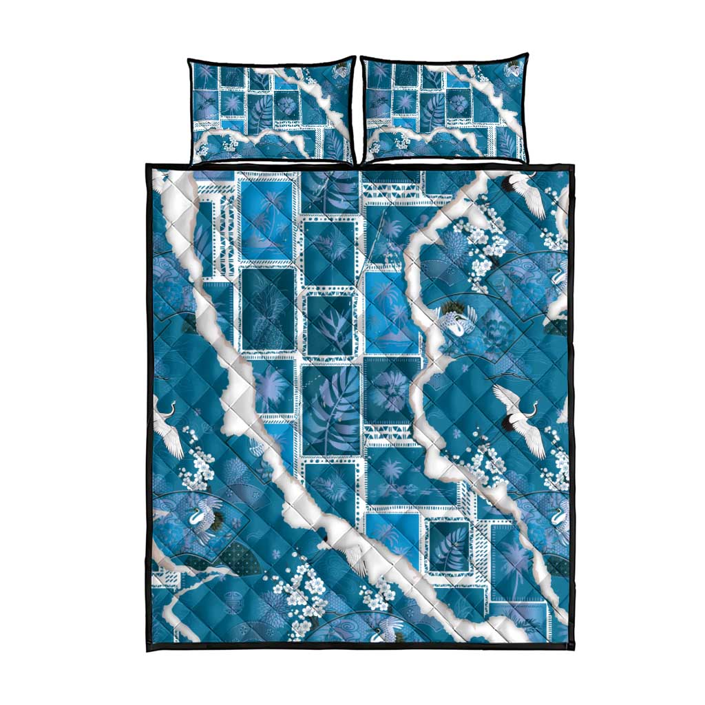 Hawaii Japanese Culture Blue Quilt Bed Set Spring Cranes Aloha Pattern LT01 - Polynesian Pride