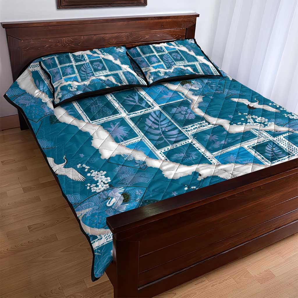 Hawaii Japanese Culture Blue Quilt Bed Set Spring Cranes Aloha Pattern LT01 - Polynesian Pride