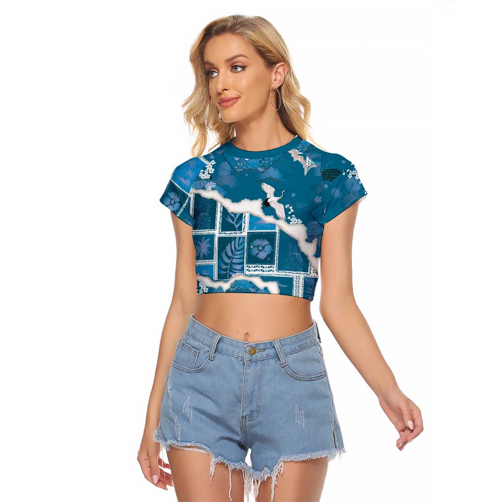 Hawaii Japanese Culture Blue Raglan Cropped T Shirt Spring Cranes Aloha Pattern LT01 Female Blue - Polynesian Pride