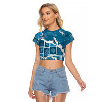 Hawaii Japanese Culture Blue Raglan Cropped T Shirt Spring Cranes Aloha Pattern LT01 Female Blue - Polynesian Pride