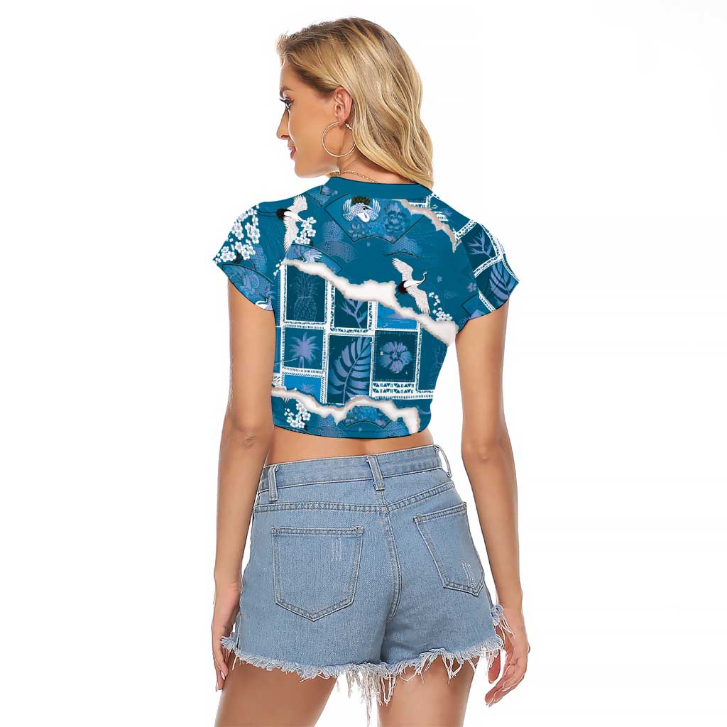 Hawaii Japanese Culture Blue Raglan Cropped T Shirt Spring Cranes Aloha Pattern LT01 - Polynesian Pride