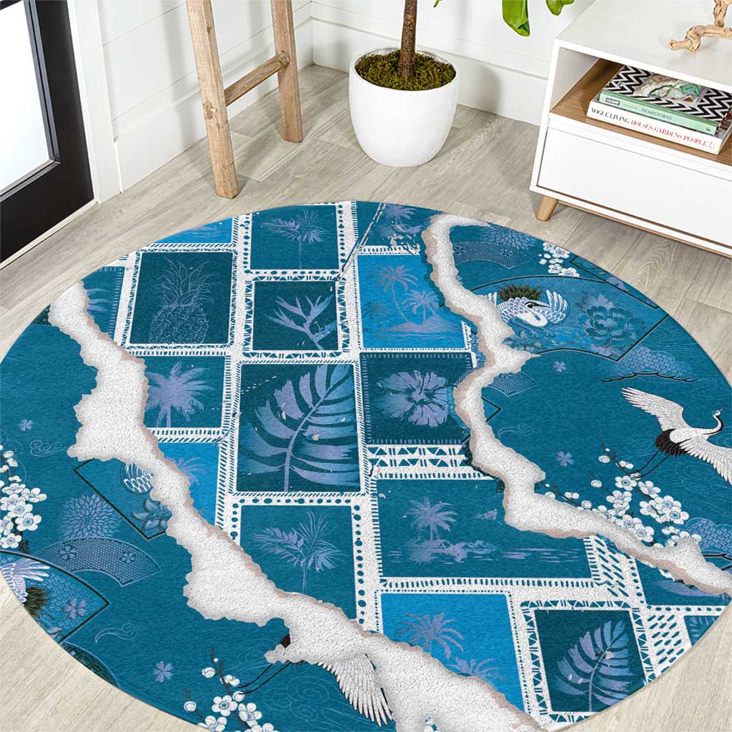 Hawaii Japanese Culture Blue Round Carpet Spring Cranes Aloha Pattern LT01 Blue - Polynesian Pride