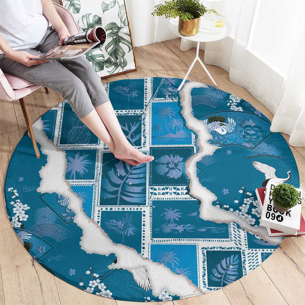 Hawaii Japanese Culture Blue Round Carpet Spring Cranes Aloha Pattern LT01 - Polynesian Pride