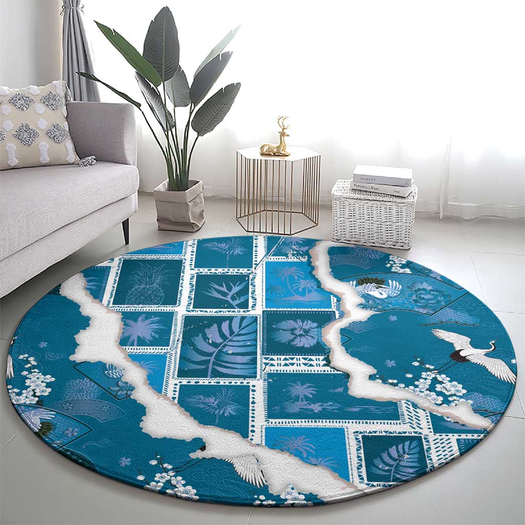 Hawaii Japanese Culture Blue Round Carpet Spring Cranes Aloha Pattern LT01 - Polynesian Pride