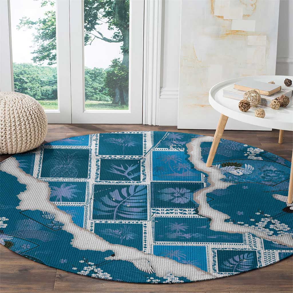 Hawaii Japanese Culture Blue Round Carpet Spring Cranes Aloha Pattern LT01 - Polynesian Pride