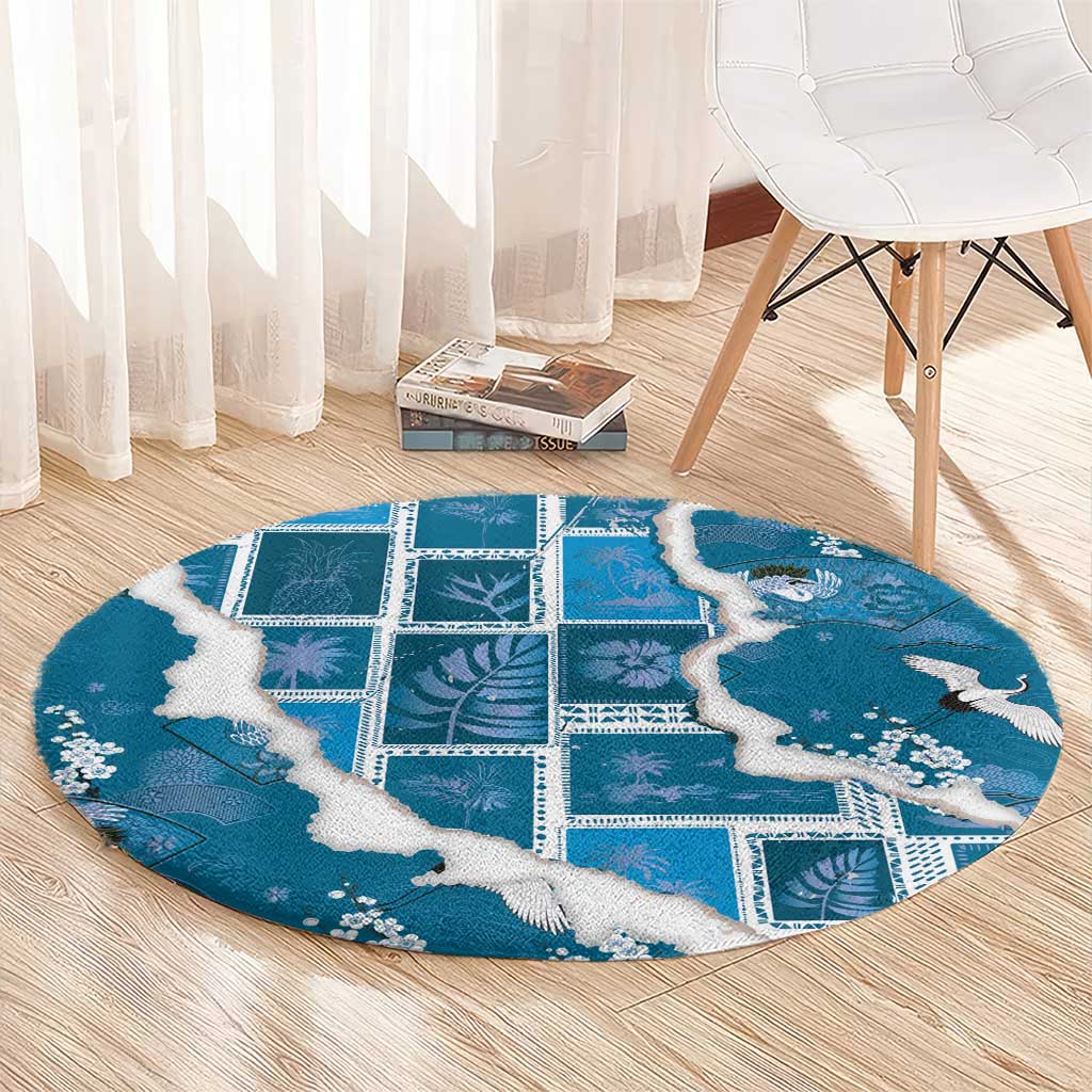 Hawaii Japanese Culture Blue Round Carpet Spring Cranes Aloha Pattern LT01 - Polynesian Pride