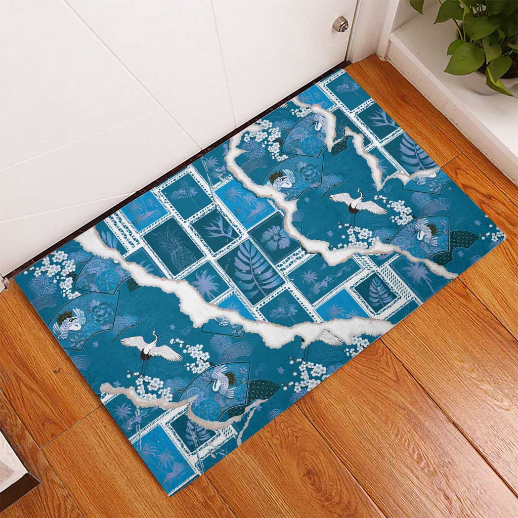 Hawaii Japanese Culture Blue Rubber Doormat Spring Cranes Aloha Pattern