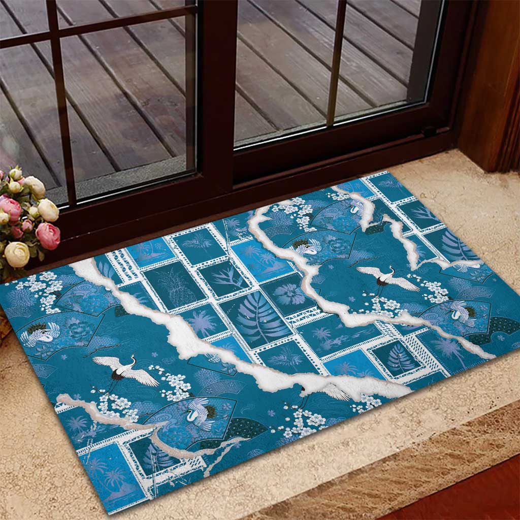 Hawaii Japanese Culture Blue Rubber Doormat Spring Cranes Aloha Pattern