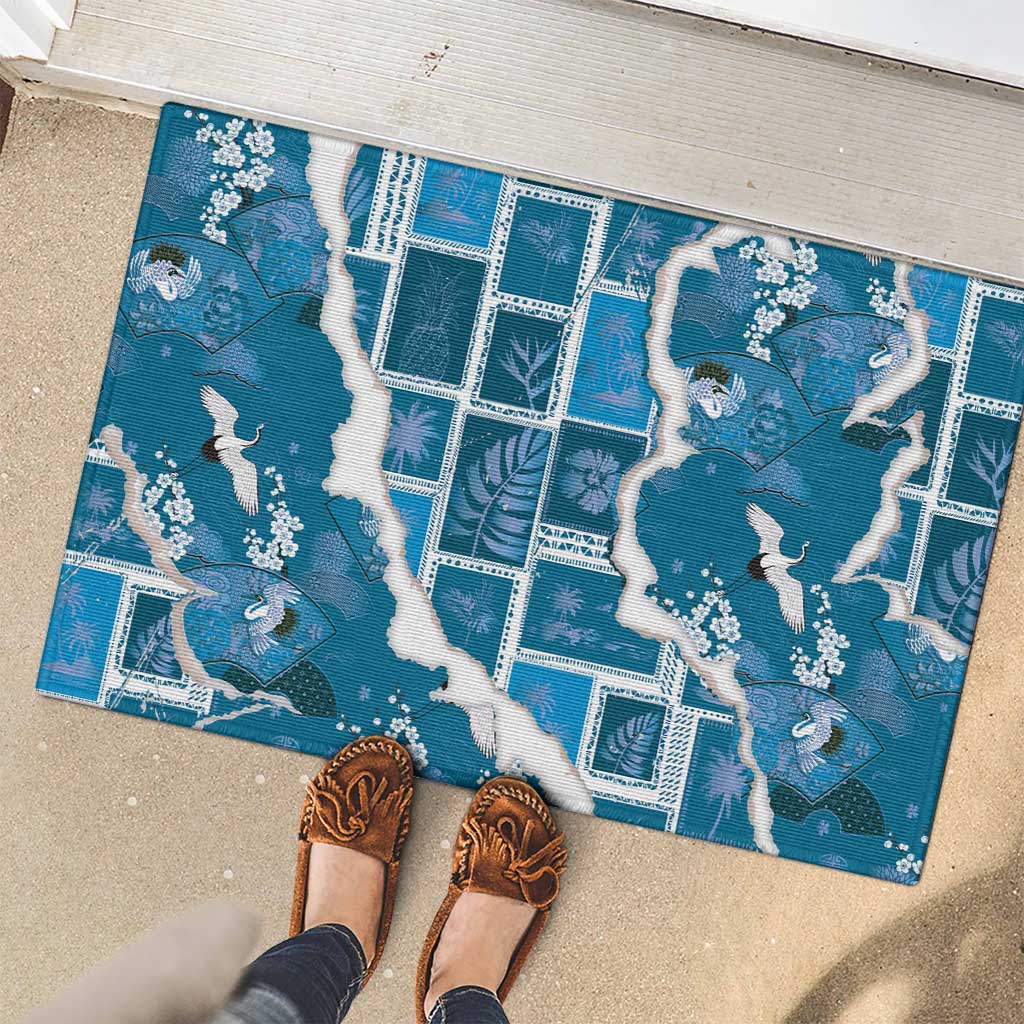 Hawaii Japanese Culture Blue Rubber Doormat Spring Cranes Aloha Pattern