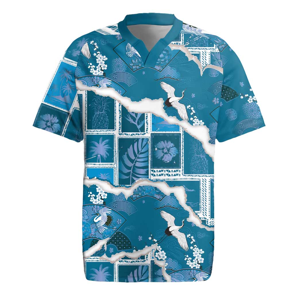 Hawaii Japanese Culture Blue Rugby Jersey Spring Cranes Aloha Pattern LT01 Blue - Polynesian Pride