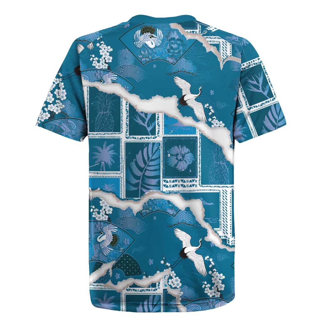 Hawaii Japanese Culture Blue Rugby Jersey Spring Cranes Aloha Pattern LT01 - Polynesian Pride