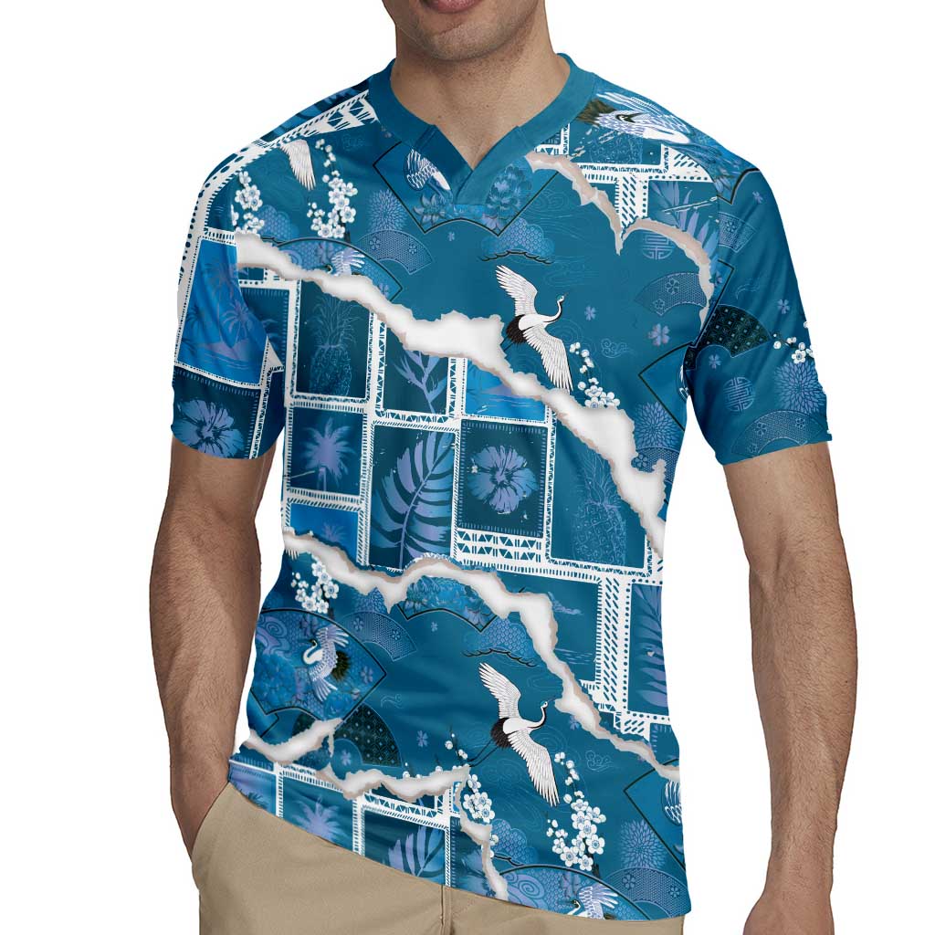 Hawaii Japanese Culture Blue Rugby Jersey Spring Cranes Aloha Pattern LT01 - Polynesian Pride