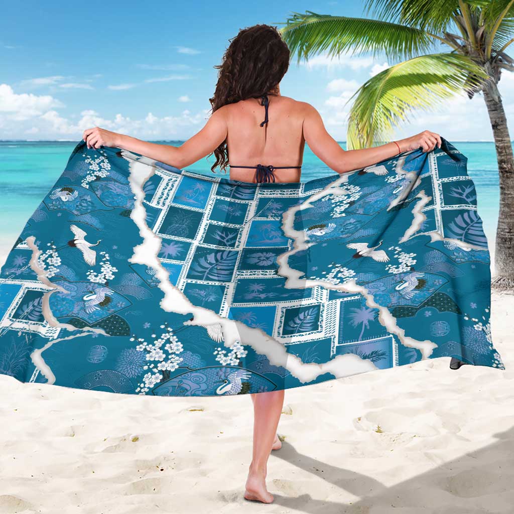 Hawaii Japanese Culture Blue Sarong Spring Cranes Aloha Pattern LT01 - Polynesian Pride