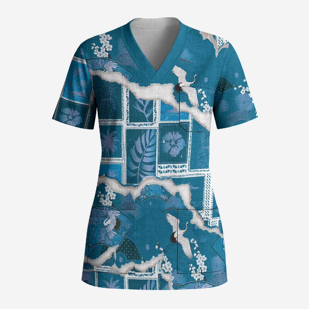 Hawaii Japanese Culture Blue Scrub Top Spring Cranes Aloha Pattern LT01 Adult Blue - Polynesian Pride