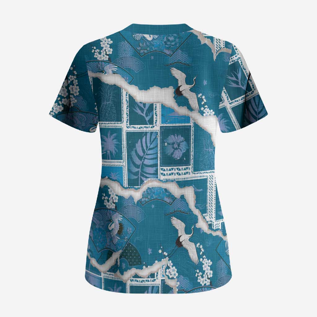 Hawaii Japanese Culture Blue Scrub Top Spring Cranes Aloha Pattern LT01 - Polynesian Pride