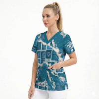 Hawaii Japanese Culture Blue Scrub Top Spring Cranes Aloha Pattern LT01 - Polynesian Pride