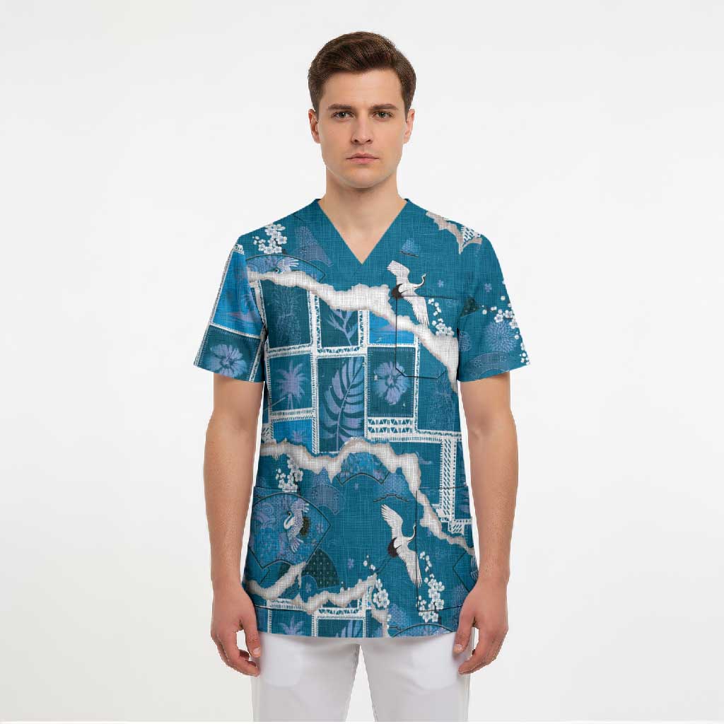 Hawaii Japanese Culture Blue Scrub Top Spring Cranes Aloha Pattern LT01 - Polynesian Pride