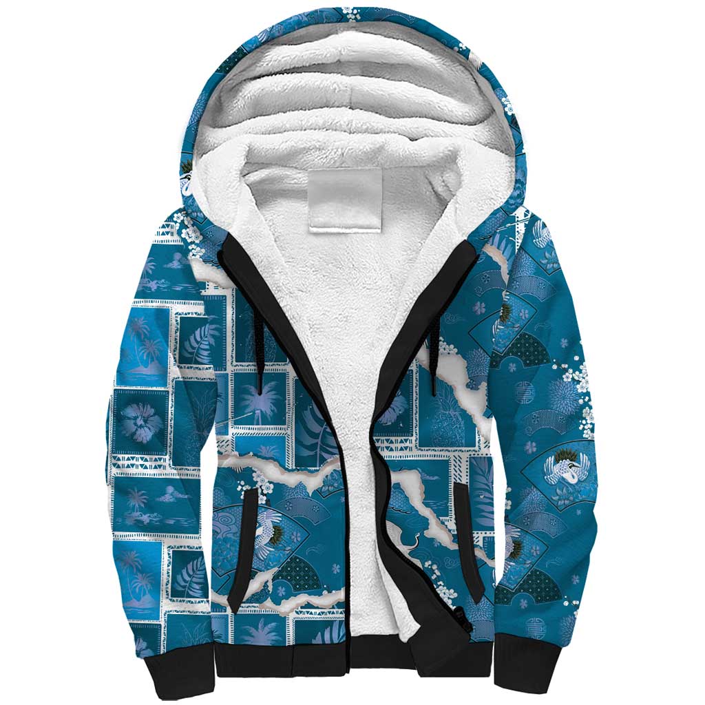 Hawaii Japanese Culture Blue Sherpa Hoodie Spring Cranes Aloha Pattern LT01 Unisex Blue - Polynesian Pride