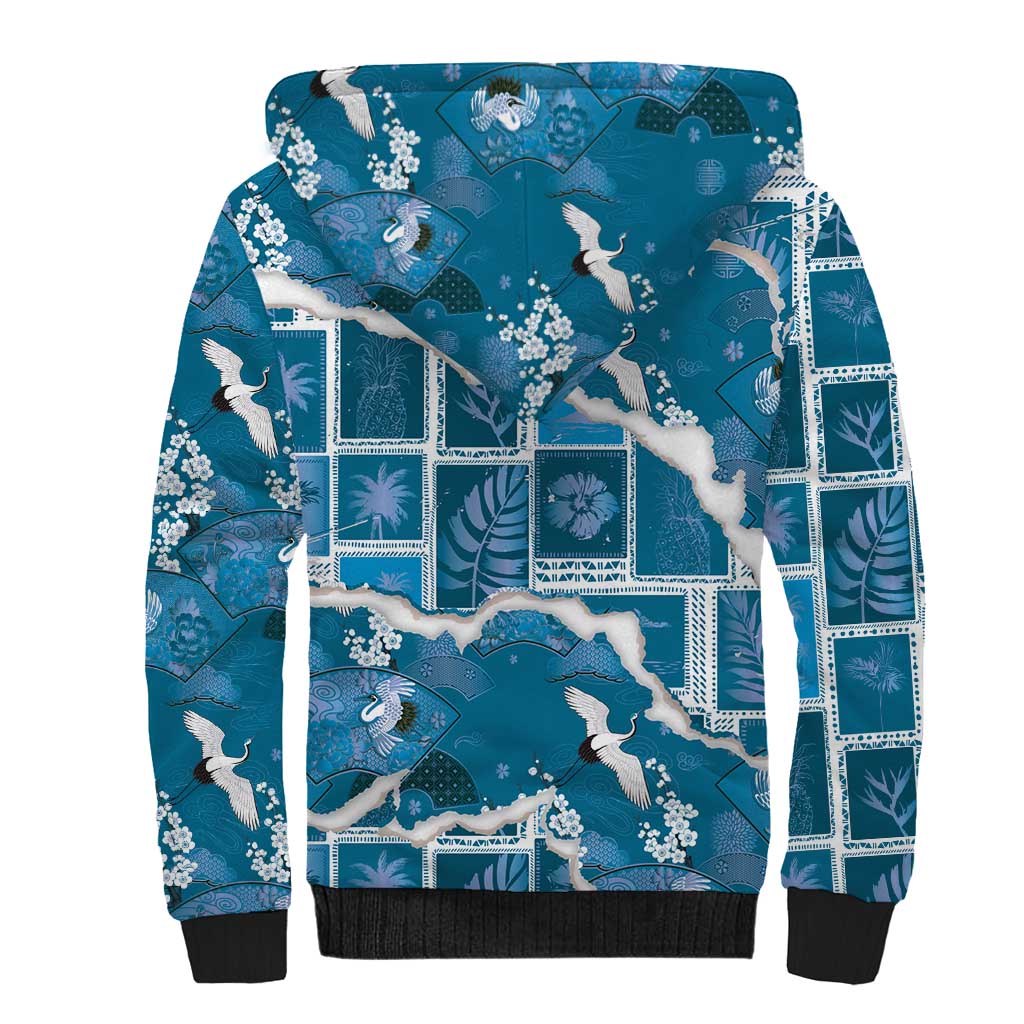 Hawaii Japanese Culture Blue Sherpa Hoodie Spring Cranes Aloha Pattern LT01 - Polynesian Pride