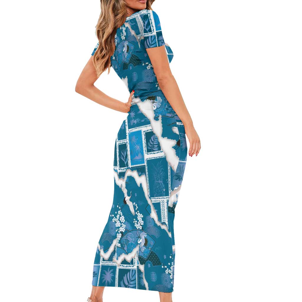 Hawaii Japanese Culture Blue Short Sleeve Bodycon Dress Spring Cranes Aloha Pattern LT01 - Polynesian Pride