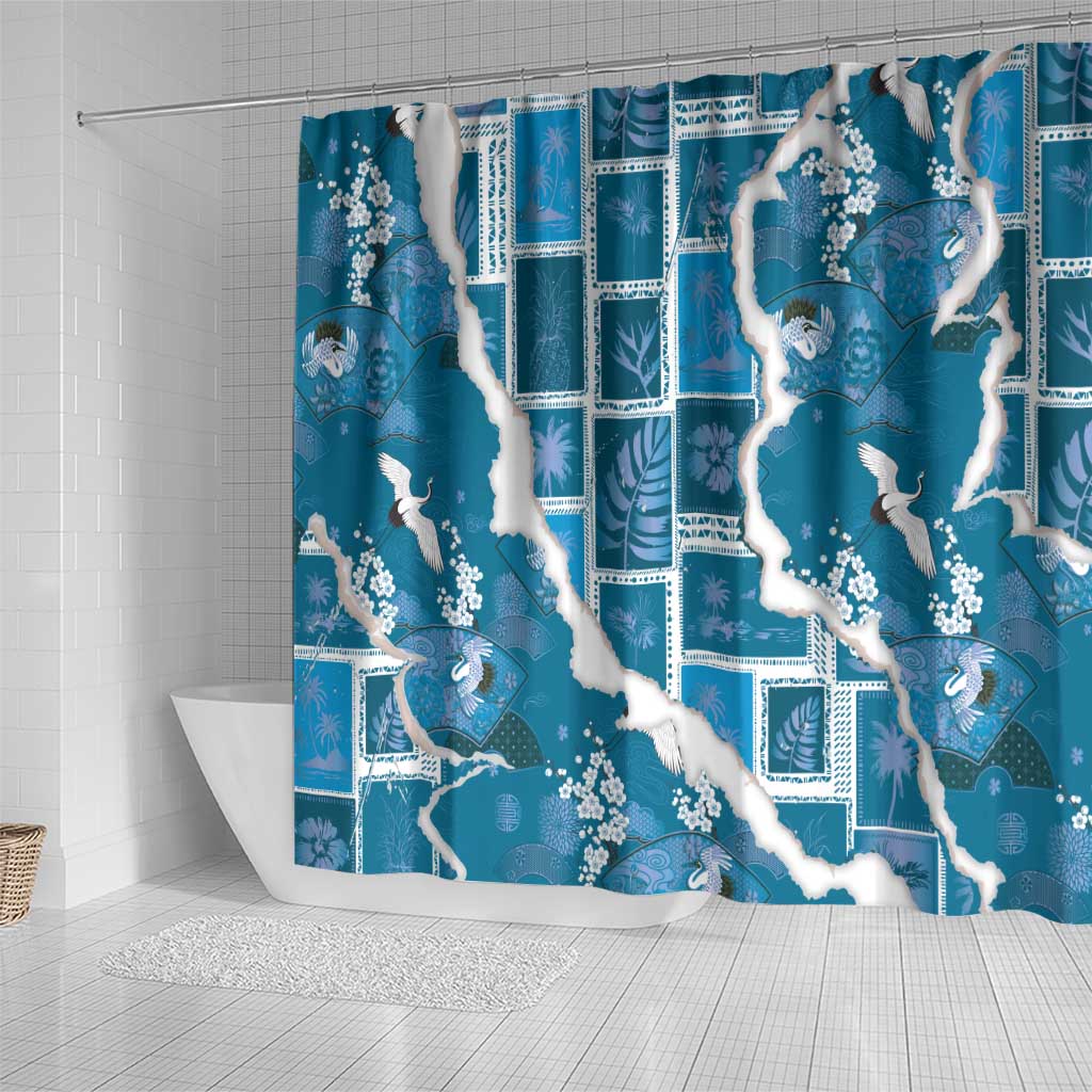 Hawaii Japanese Culture Blue Shower Curtain Spring Cranes Aloha Pattern LT01 - Polynesian Pride