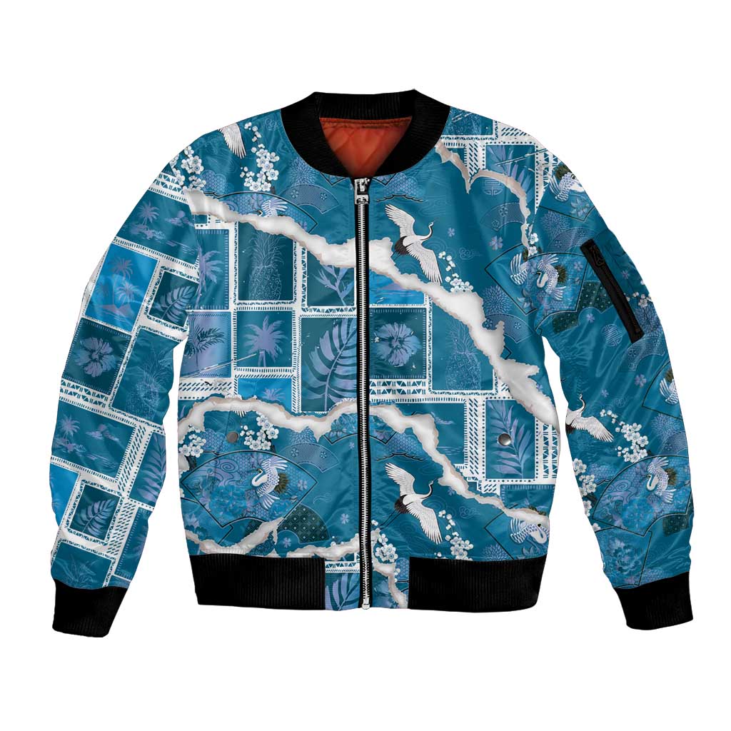 Hawaii Japanese Culture Blue Sleeve Zip Bomber Jacket Spring Cranes Aloha Pattern LT01 Unisex Blue - Polynesian Pride