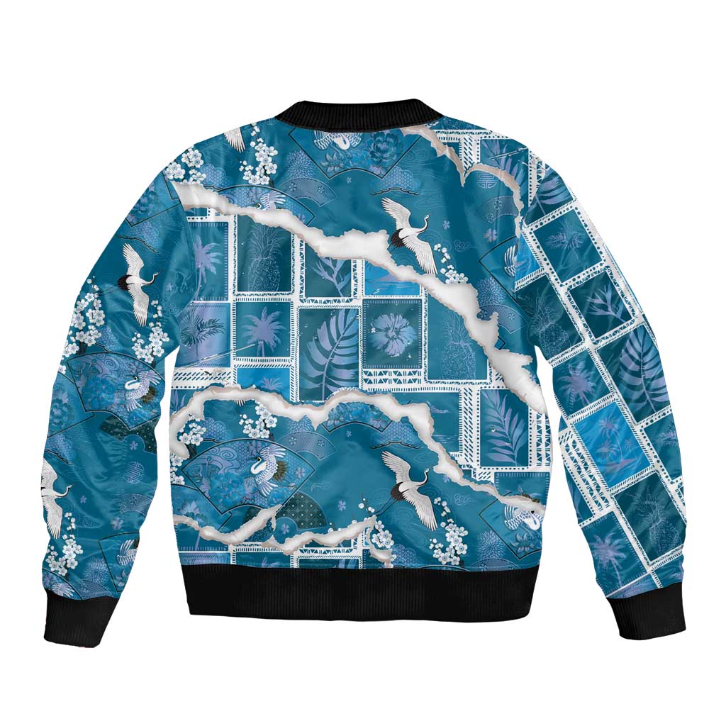 Hawaii Japanese Culture Blue Sleeve Zip Bomber Jacket Spring Cranes Aloha Pattern LT01 - Polynesian Pride