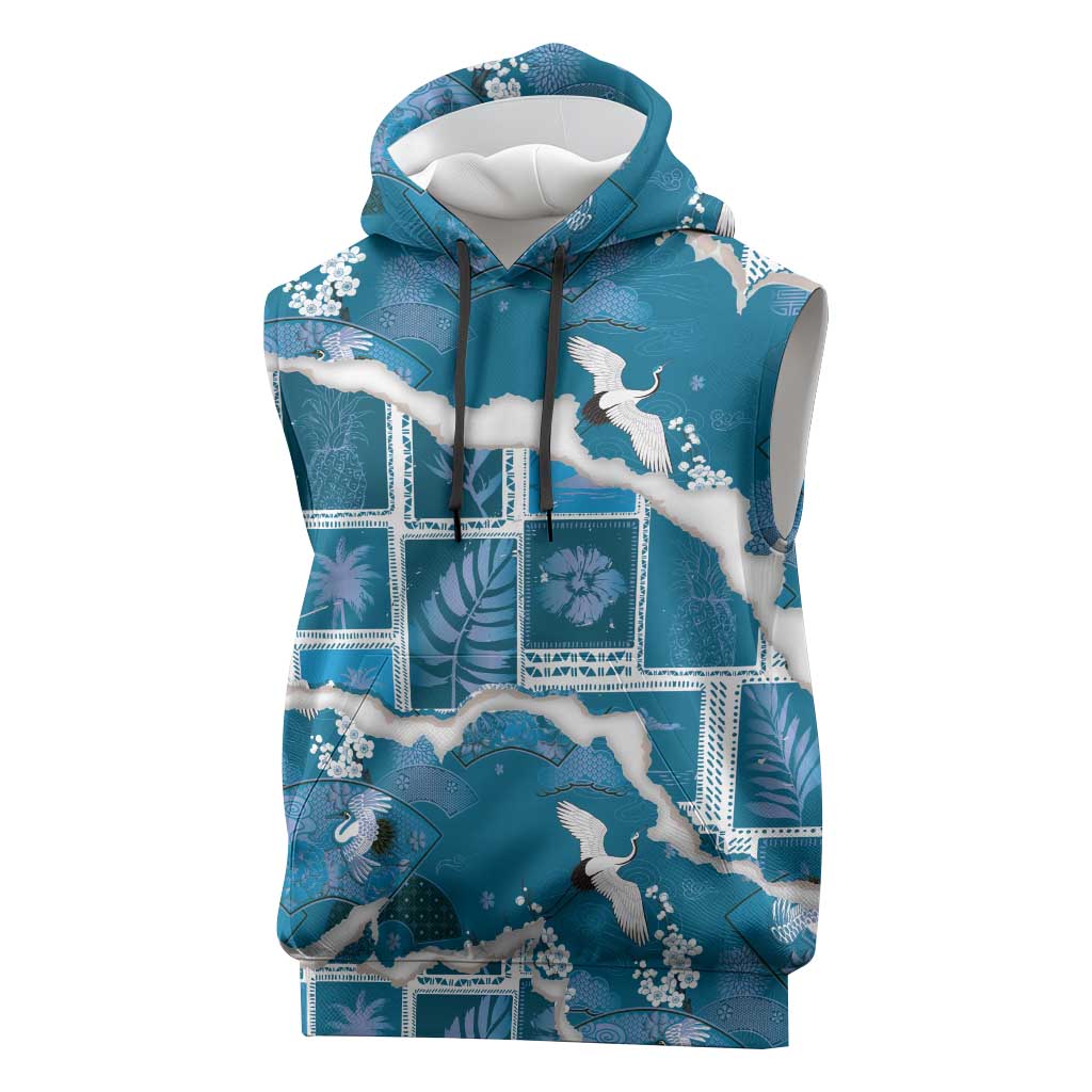 Hawaii Japanese Culture Blue Sleeveless Hoodie Spring Cranes Aloha Pattern LT01 Blue - Polynesian Pride