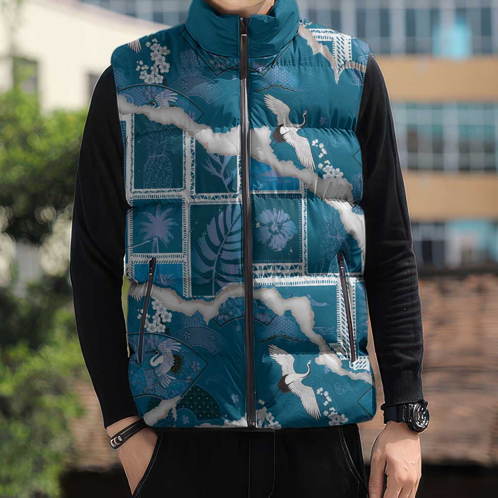 Hawaii Japanese Culture Blue Sleeveless Puffer Jacket Spring Cranes Aloha Pattern LT01 - Polynesian Pride