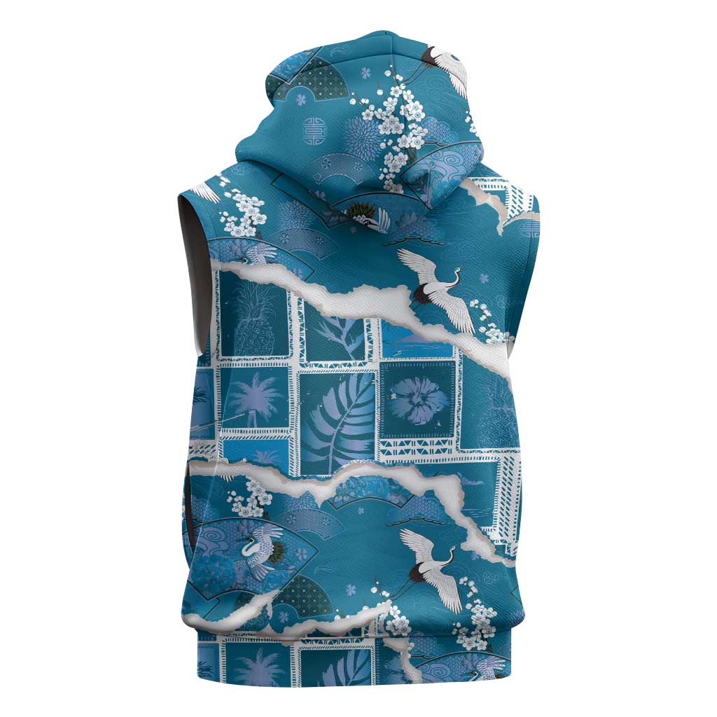 Hawaii Japanese Culture Blue Sleeveless Zip Hoodie Spring Cranes Aloha Pattern LT01 - Polynesian Pride
