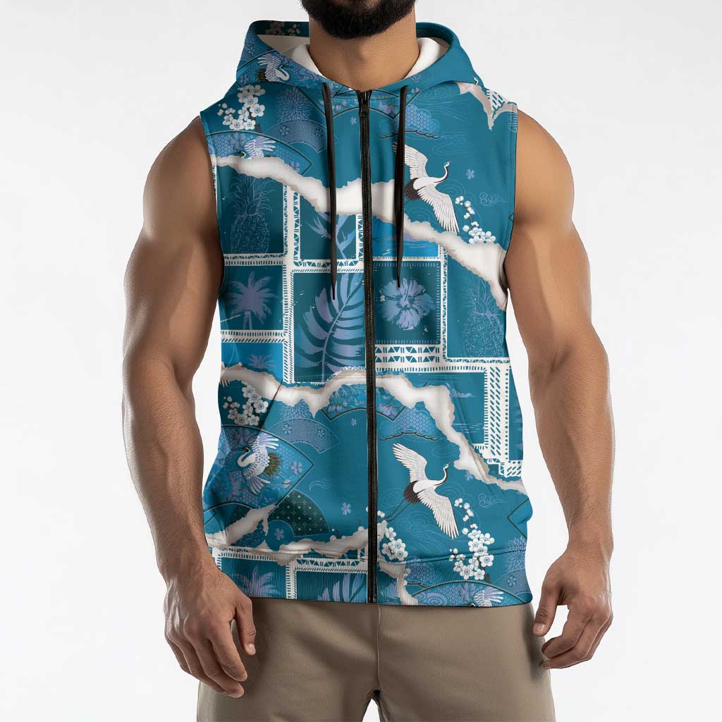 Hawaii Japanese Culture Blue Sleeveless Zip Hoodie Spring Cranes Aloha Pattern LT01 - Polynesian Pride