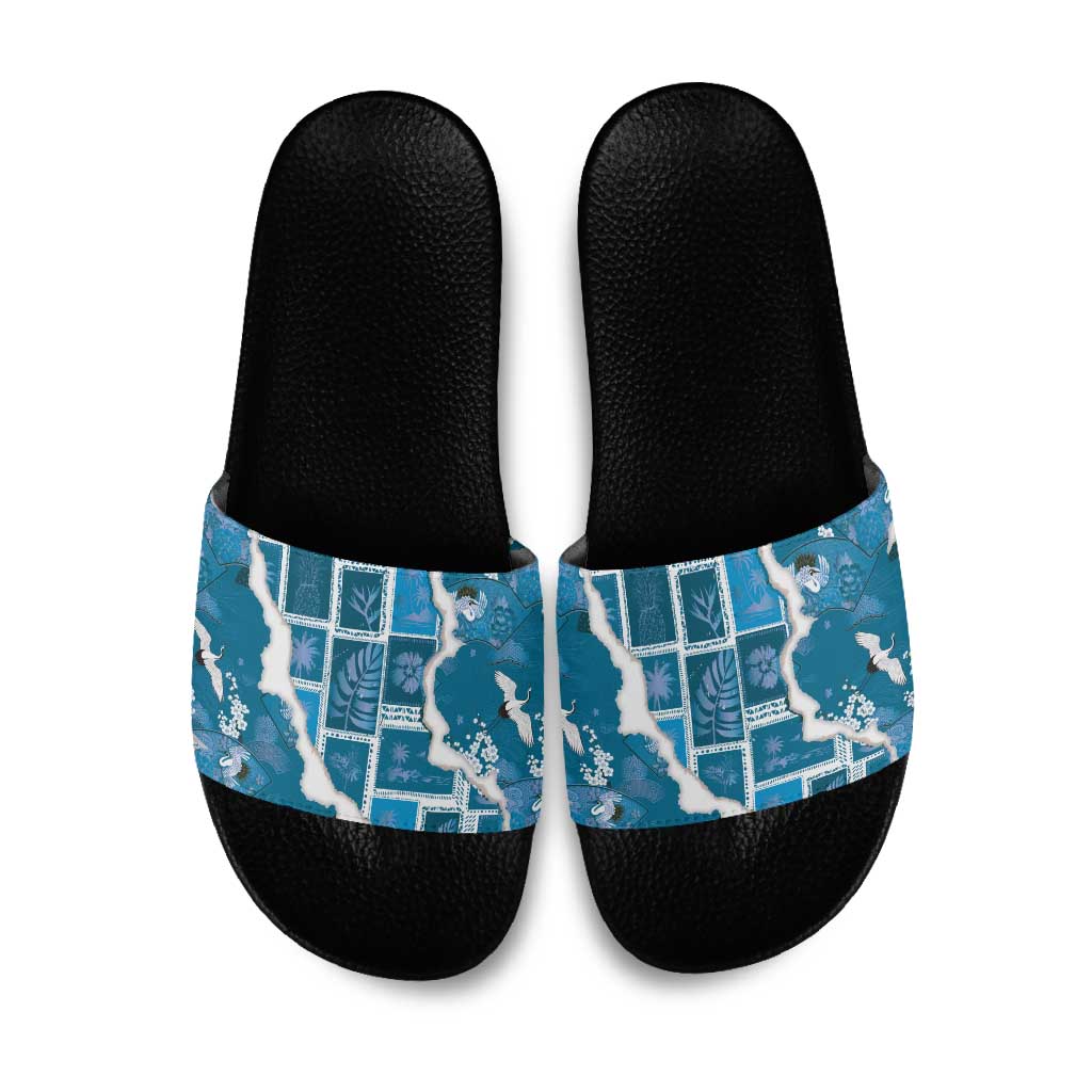 Hawaii Japanese Culture Blue Slide Sandals Spring Cranes Aloha Pattern LT01 Blue - Polynesian Pride