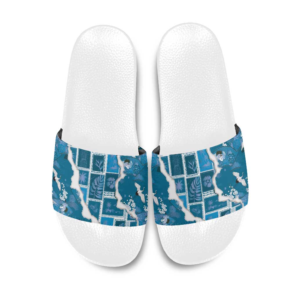 Hawaii Japanese Culture Blue Slide Sandals Spring Cranes Aloha Pattern LT01 Blue - Polynesian Pride