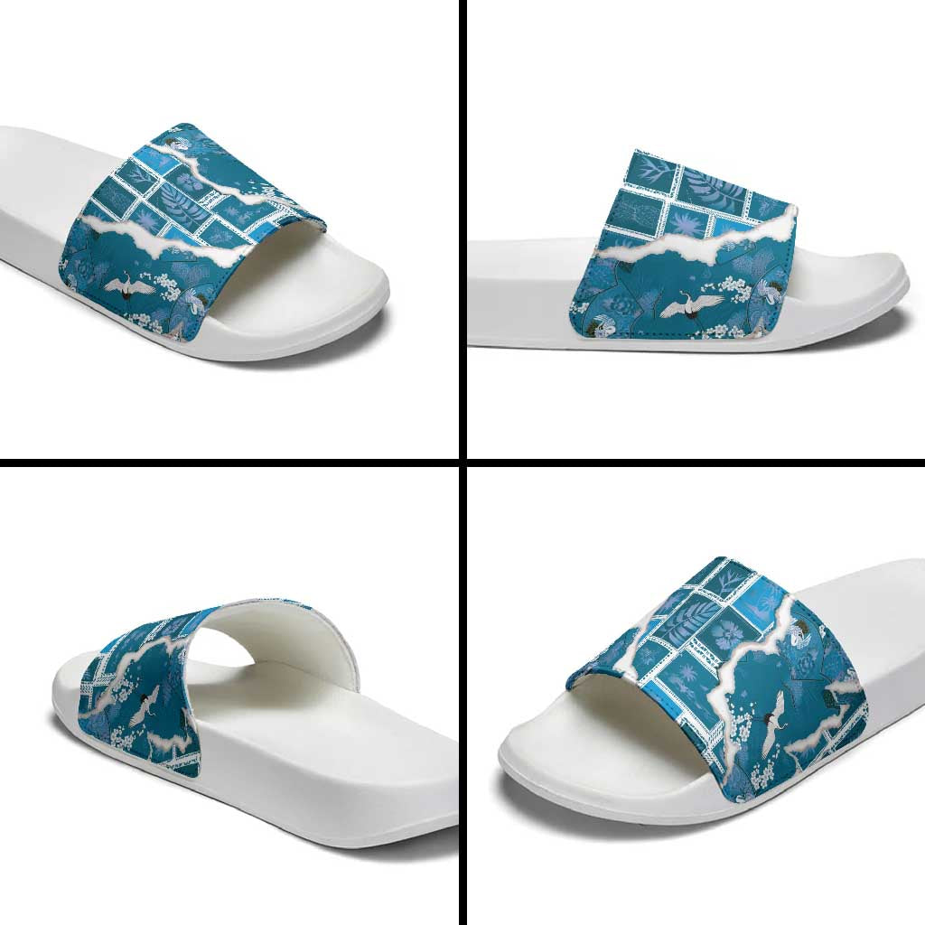 Hawaii Japanese Culture Blue Slide Sandals Spring Cranes Aloha Pattern LT01 - Polynesian Pride