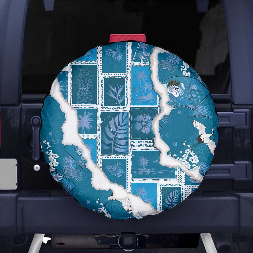 Hawaii Japanese Culture Blue Spare Tire Cover Spring Cranes Aloha Pattern LT01 No hole Blue - Polynesian Pride