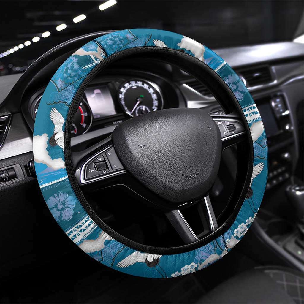 Hawaii Japanese Culture Blue Steering Wheel Cover Spring Cranes Aloha Pattern LT01 Universal Fit Blue - Polynesian Pride