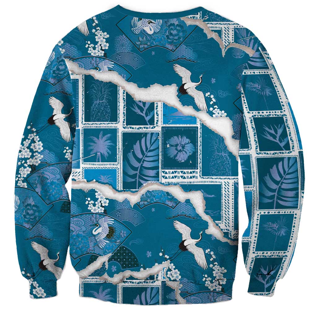 Hawaii Japanese Culture Blue Sweatshirt Spring Cranes Aloha Pattern LT01 - Polynesian Pride
