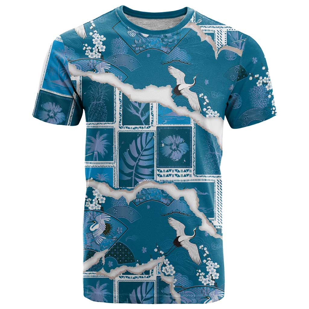 Hawaii Japanese Culture Blue T Shirt Spring Cranes Aloha Pattern LT01 Blue - Polynesian Pride