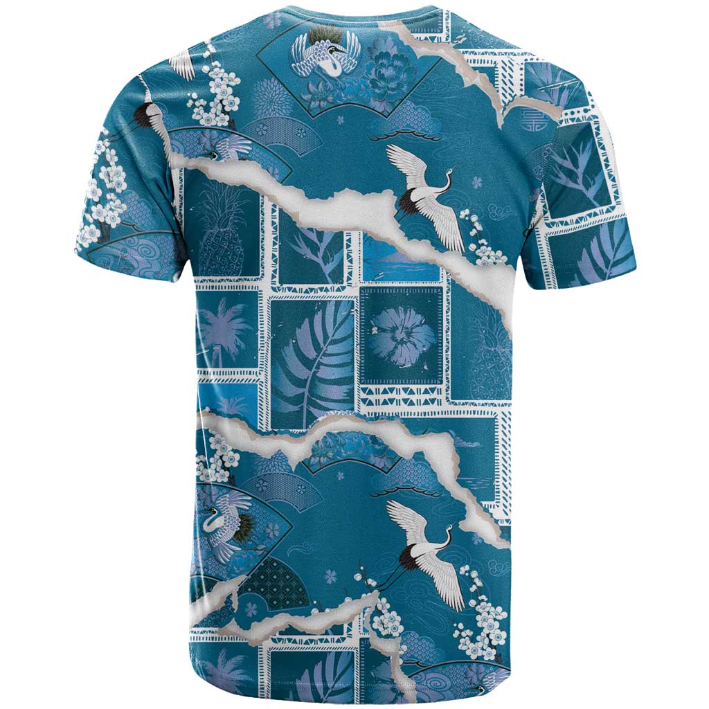 Hawaii Japanese Culture Blue T Shirt Spring Cranes Aloha Pattern LT01 - Polynesian Pride