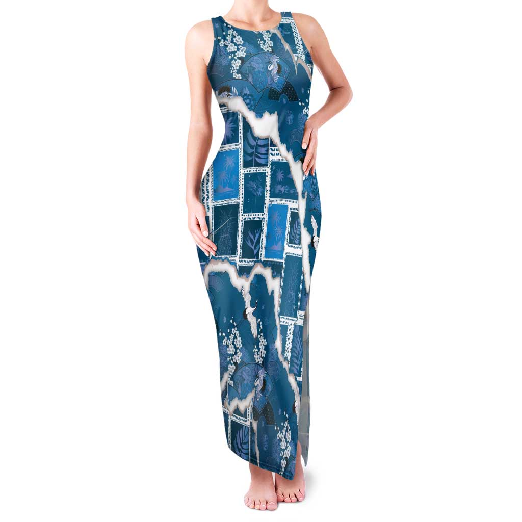 Hawaii Japanese Culture Blue Tank Maxi Dress Spring Cranes Aloha Pattern LT01 Women Blue - Polynesian Pride