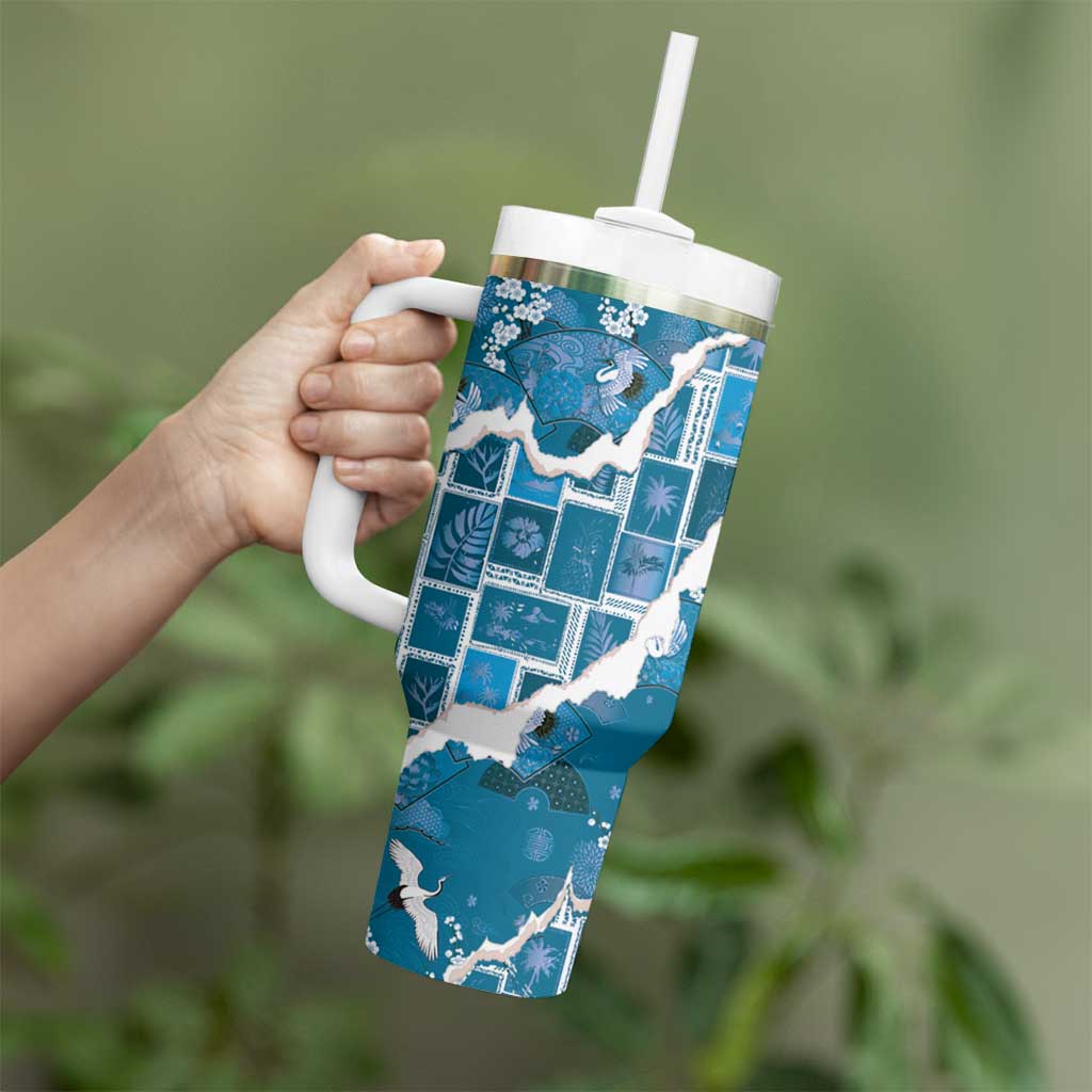 Hawaii Japanese Culture Blue Tumbler With Handle Spring Cranes Aloha Pattern LT01 - Polynesian Pride
