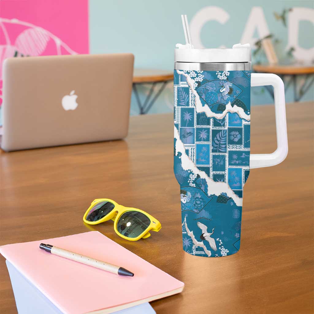 Hawaii Japanese Culture Blue Tumbler With Handle Spring Cranes Aloha Pattern LT01 - Polynesian Pride