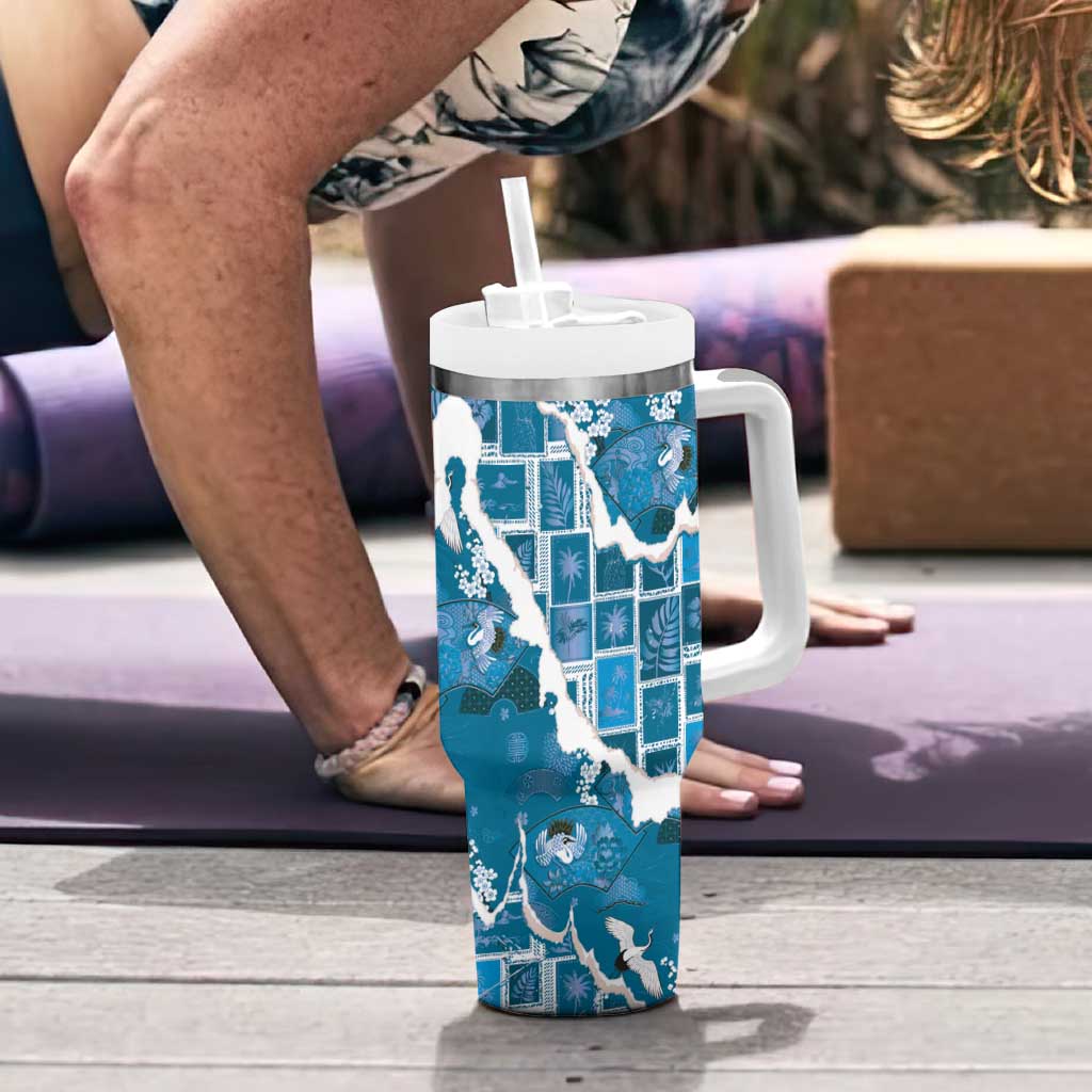 Hawaii Japanese Culture Blue Tumbler With Handle Spring Cranes Aloha Pattern LT01 - Polynesian Pride